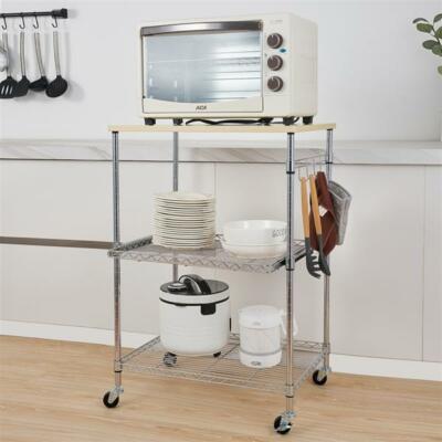 3-Tier Wire Rolling Kitchen Cart Service Cart 4 Hooks Oak Microwave Stand Chrome
