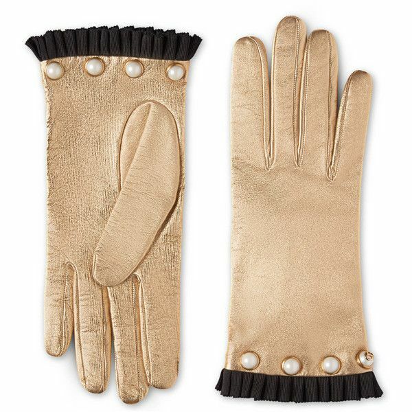 累積売上総額第１位【GUCCI★グッチ】WOOL GLOVES WITH LEATHER NEW GUCCI GOLD LEATHER PEARL LOGO SATIN DETAIL GLOVES SIZE