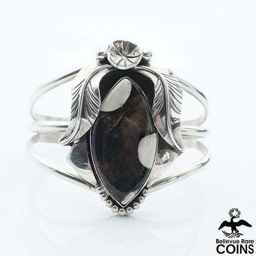Southwestern, Native American Sterling Silver & Agate Floral Cuff Bracelet