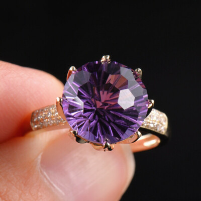 Pre-owned Amethyst Solid 14k Yellow Gold Natural Purple  Fireworks Cutting Diamond Ring