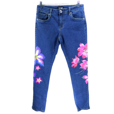 New Venus Womens Floral Print Medium Wash Mid Rise Bling Denim Jeans Sz 4 28x29