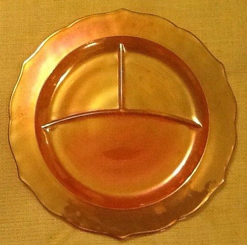 2 Marigold Carnival Normandie Divided Glass Plate Bouquet & Lattice Plate 30's