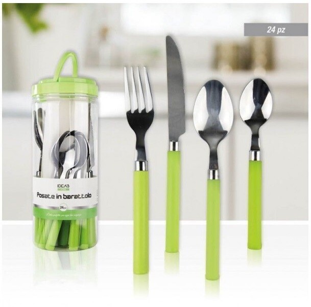Set Servizio 24 Pezzi Posate In Barattolo Con Manico Verde Cucina idea