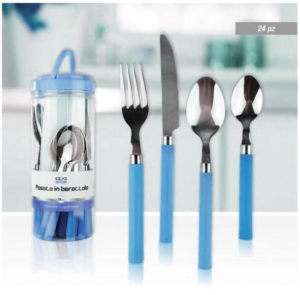 Set Servizio 24 Pezzi Posate In Barattolo Con Manico Azzurro Cucina idea