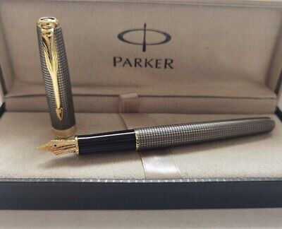 Excellent Gray Grid Parker Sonnet Series Fine (F) Nib Fountain Pens With Box