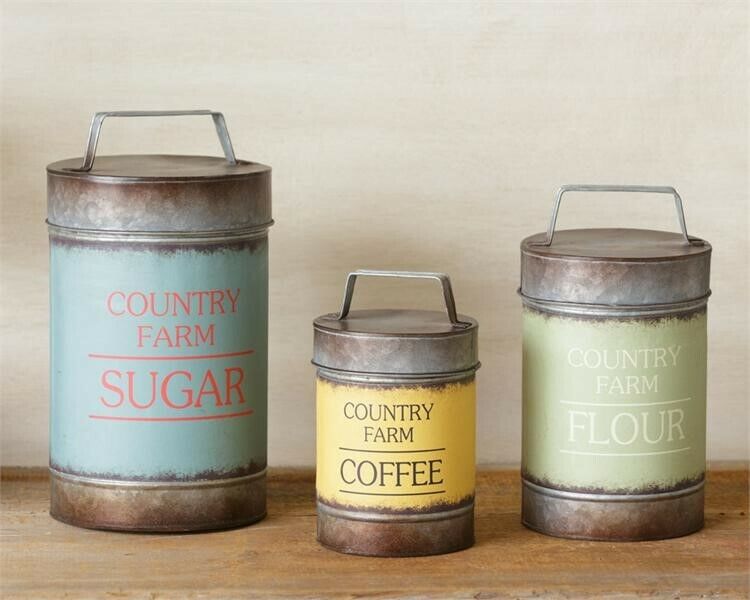 Rustic Metal Country Farm Kitchen Canisters Flour Sugar Coffee Set 3
