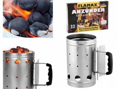 Grill Schnellanzünder Set Anzündkamin XXL verzinkt und 32 Anzünder