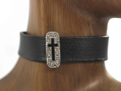 Sterling Silver Cross Leather Choker Necklace Studded Natural Pave Diamond