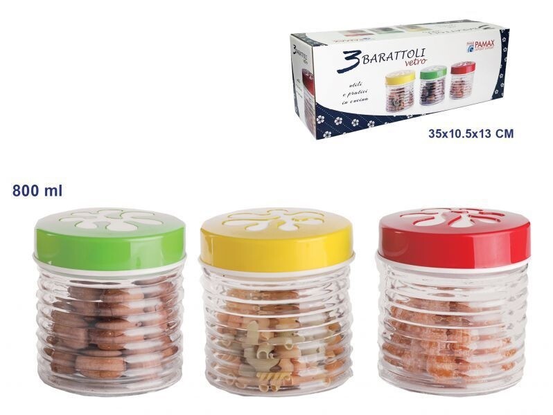 Set 3 Tris Barattoli Vetro Con Coperchio Colorato Contenitori Pasta Biscotti dfh