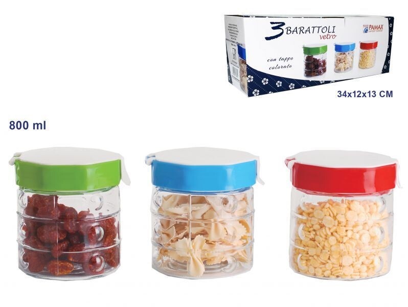 Set 3 Tris Barattoli Vetro Con Tappo Colorato Contenitori Biscotti 800ml dfh