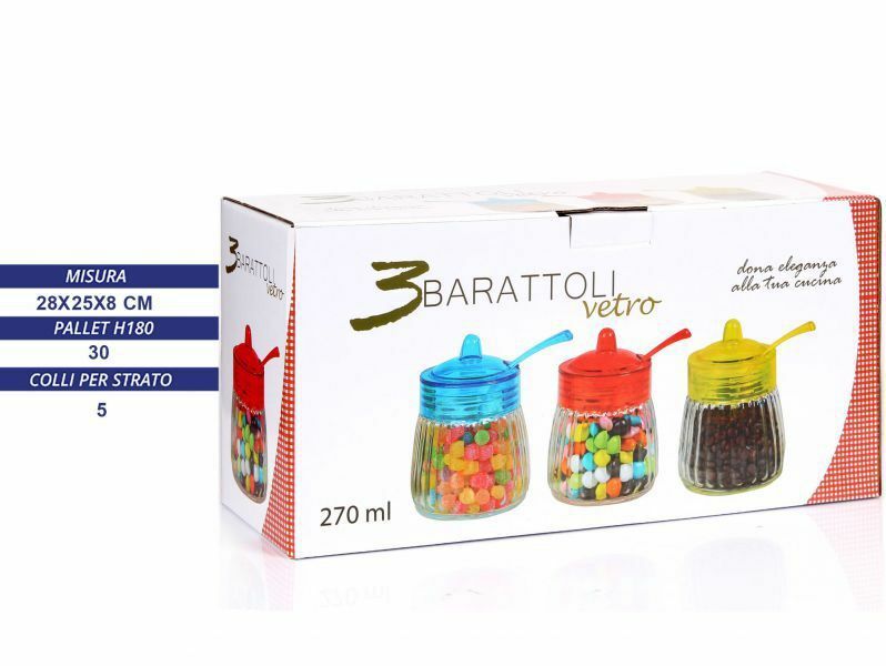 Tris Barattoli 3 Contenitori In Vetro 270ml Tappo Colorato E Cucchiaino dfh