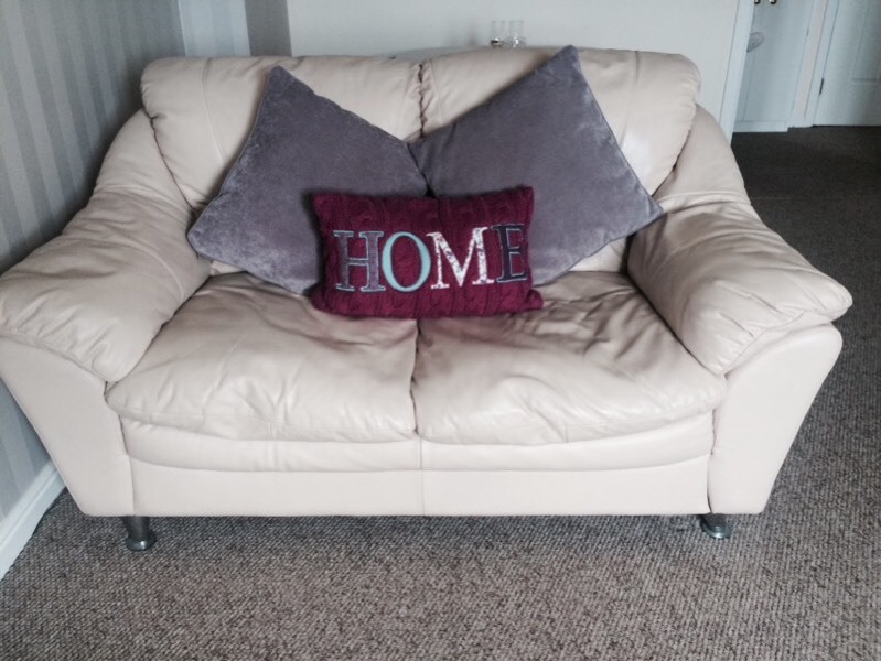 Cream Leather Sofa 3 and 2 Seater with Cushions in Dunfermline, Fife
