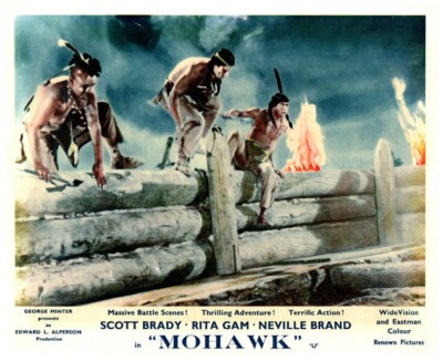 Mohawk Original Lobby Card Native Indians holding tomahawks attacking fort 1956