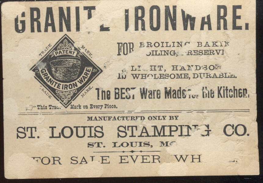1880S TRADE CARD ADVERTISING GRANITE IRON WARE, BLACK MAN W/BLACK LANGUAGE