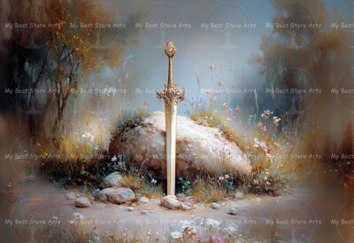 SWORD IN THE STONE ENCHANTED FOREST ART PRINT, Cottagecore Decor Poster, E114