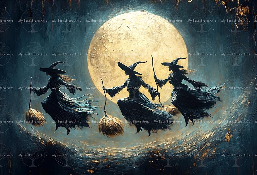 WITCHES FLYING COVEN ART PRINT, Gothic Poster, Witchy Moon Pagan Witch D924