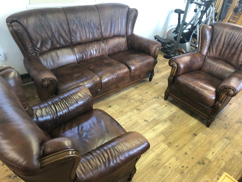 For sale brown Real leather 3 piece suite in Omagh, County Tyrone