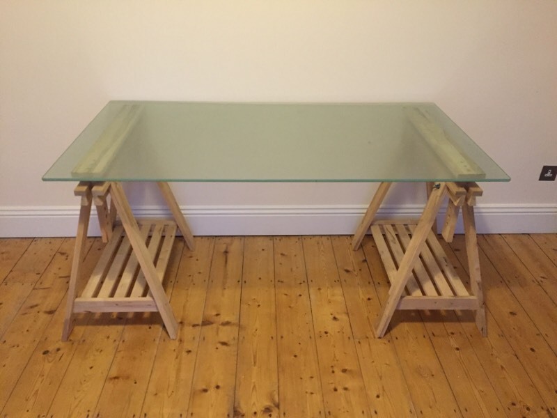 RARE Large IKEA desk with frosted glass top and Beech wooden trestle