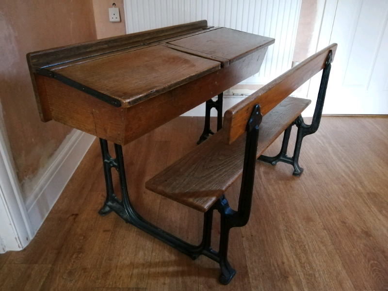 Vintage Wooden School Desk, Cast Iron Legs, Excellent Condition in