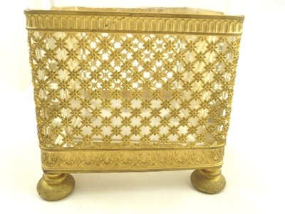 ANTIQUE FRENCH VASE PLANTER GILT ORMOLU & CRYSTAL ETCHED WITH BOWS & SWAGS