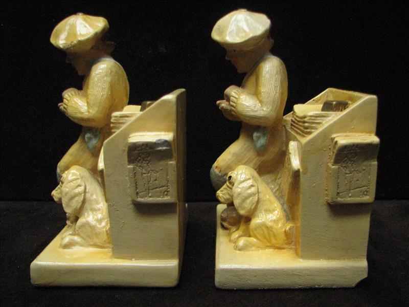 Antique-1920s to 30s---NEWSPAPER BOYS & HOUND DOG BOOKENDS----chalk ware vintage