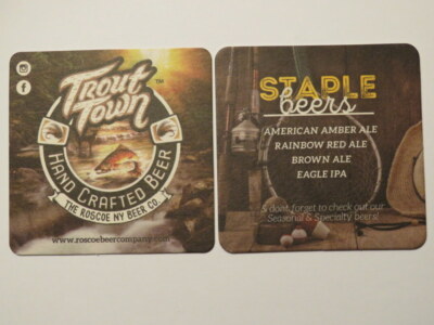 Beer Coaster ~ TROUT TOWN Hand Crafted Beer ~ ROSCOE New York Beer Company; Fish