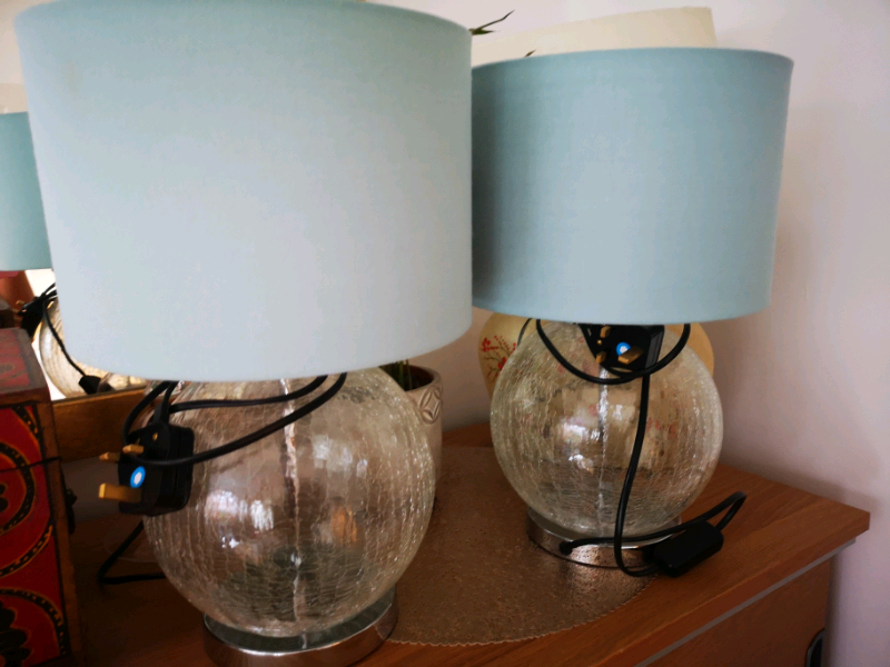 2x next bedside table cracked glass lamps, blue linen shades, 20 for 2