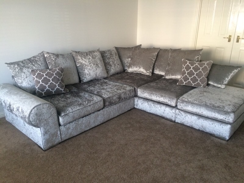 Silver grey crushed velvet corner l shape sofa & snuggle love chair