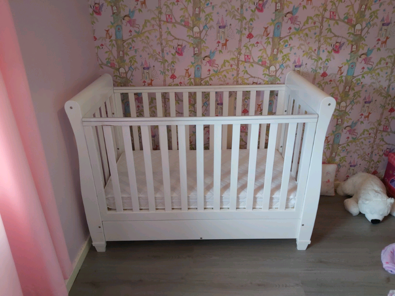 White Sleigh Cotbed With Storage Drawer Mattress Open To