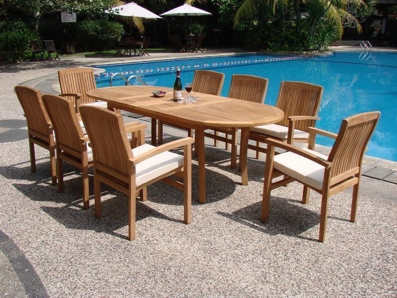 Wave 9-pc Outdoor Teak Dining: 94" Oval Extension Table, 8 Stacking Arm Chairs