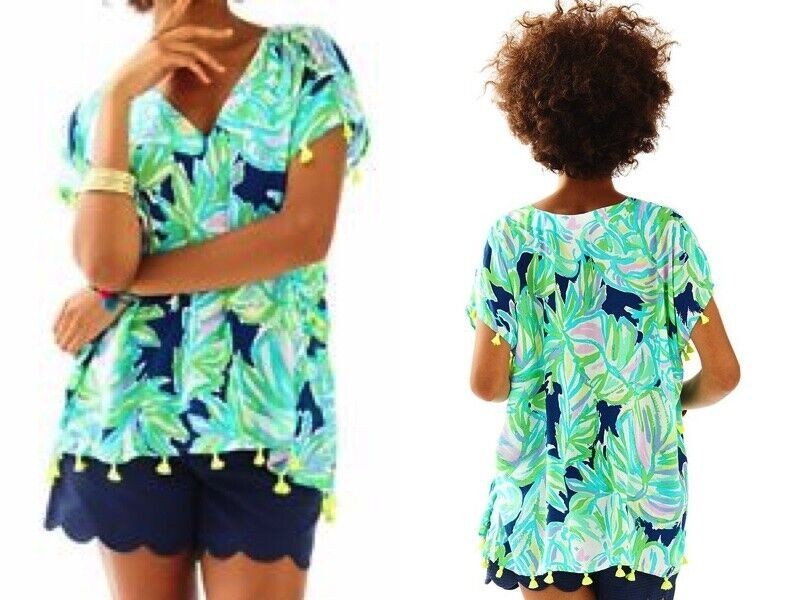 

LILLY PULITIZER Sydney Caftan Top Resort Navy Uptown с помпоном и кисточкой XXS SML, Multicolor