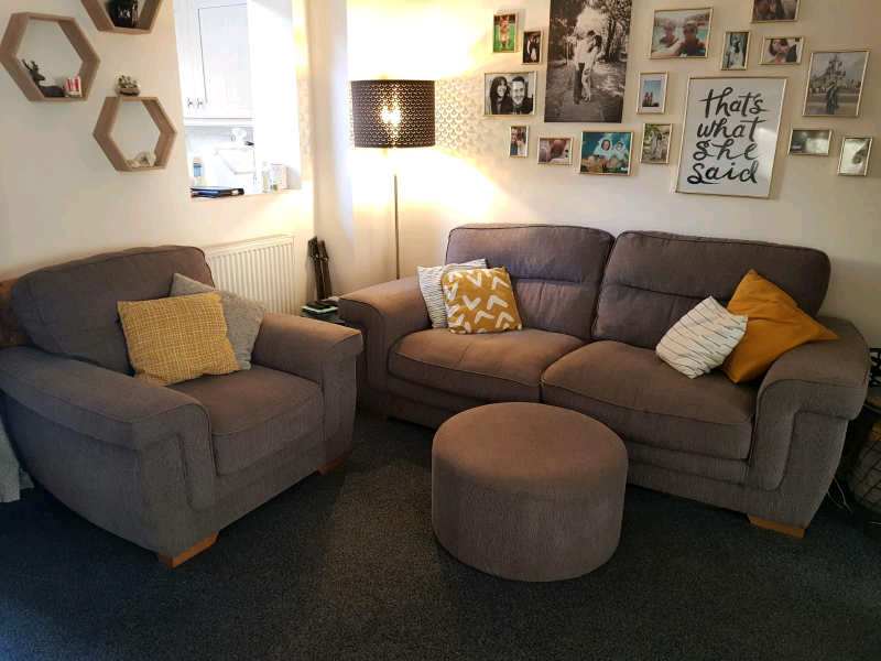 3 piece oak furniture land sofa + armchair + 3 footstools in