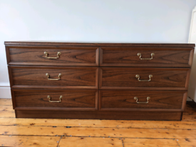 G Plan Chest of Drawers: Mid-Century Low 6 Drawer Solid Dark Wood