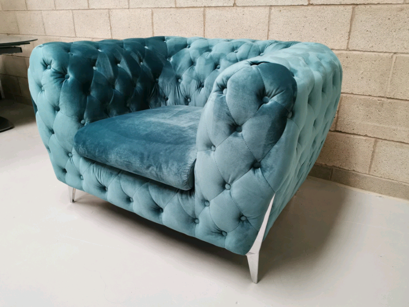 Turquoise Tufted Button Velvet Chesterfield Armchair Sofa | in Retford