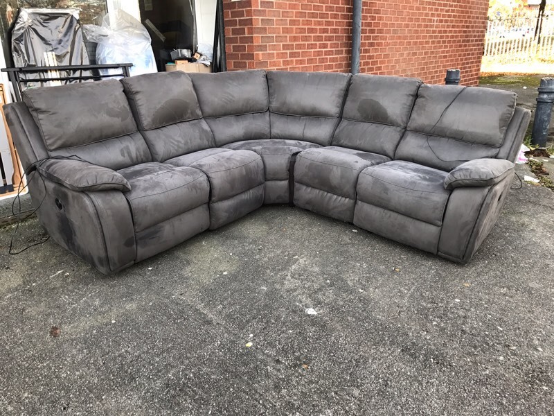 Designer Harvey's suede grey fabric electric power recliner corner sofa