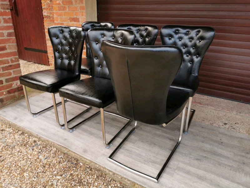 6x Black Faux Leather Diamond Tufted Button & Chrome Dining Chairs | in