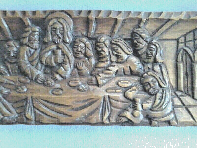 LARGE VINTAGE CARVED WOOD LAST SUPPER PRIESTS ALTAR CHURCH WALL PLAQUE