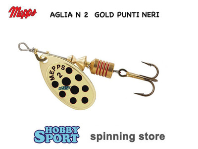 CUCCHIAINO MEPPS ROTANTE  AGLIA N 2  PALETTA ORO PUNTI NERI SPINNING LAGO FIUME
