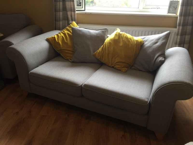 DFS GREY SOFA WITH SCATTERBACK CUSHIONS GREY & MUSTARD in Brixham