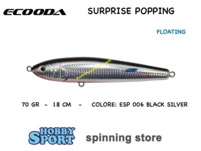 STICK BAIT 70 GR ECOODA SURPRISE 180F  ESP 006 BLACK SILVER  FLOATING  X TONNO