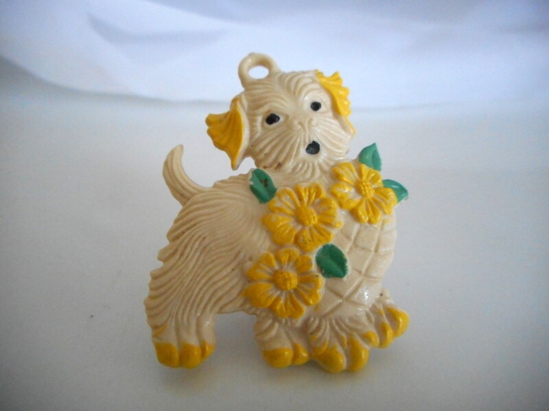 Vintage 1940's Celluloid Dogs Shih-tzu Curtain Push Back Pins *Rare* Green/ Wht