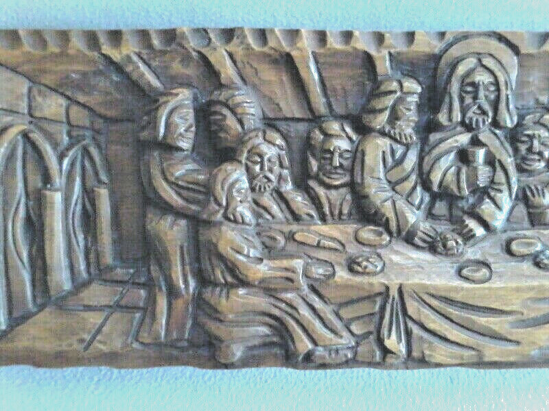 LARGE VINTAGE CARVED WOOD LAST SUPPER PRIESTS ALTAR CHURCH WALL PLAQUE