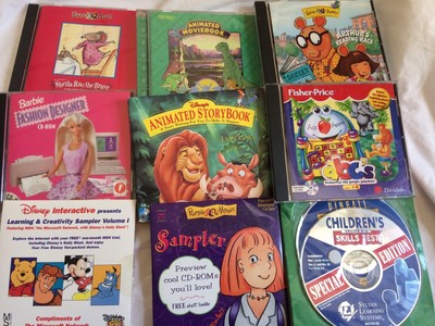 Lot 10 Educational Fun CD Rom  Children Lion King Arthur Barbie Fisher Price EUC