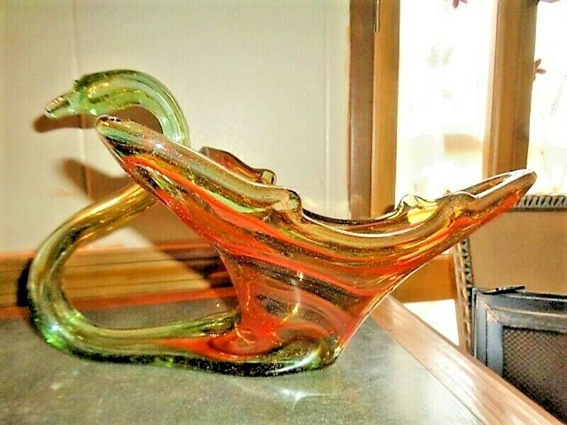 VTG SWAN ART GLASS HAND BLOWN MID CENTURY CENTERPIECE BOWL SOONER Or Ozark