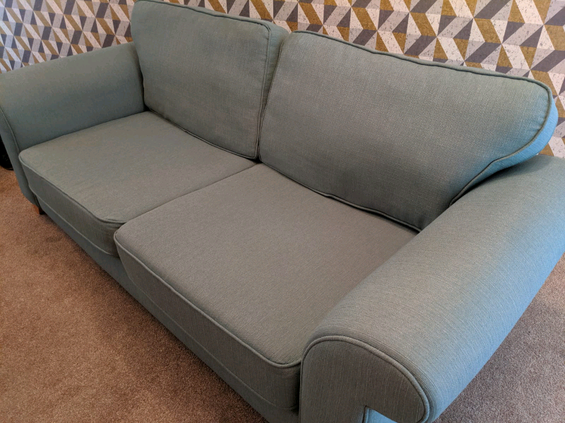 DFS green/blue fabric sofas, 2 & 3 seater with FREE storage footstool
