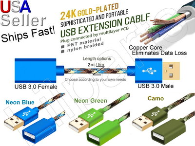 USB 2.0 Mouse Keyboard Cell Phone Extension Cord Male Female Nylon Braided
