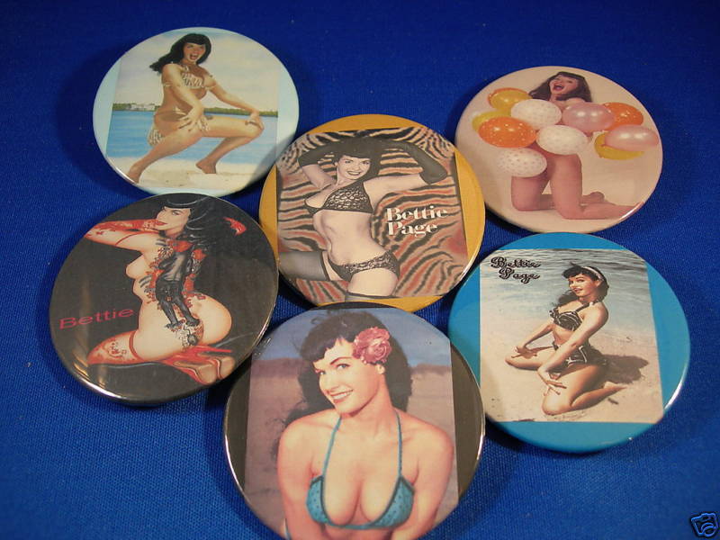 LOT OF 6 spectacular BETTIE PAGE BUTTONS Set #1 pinback