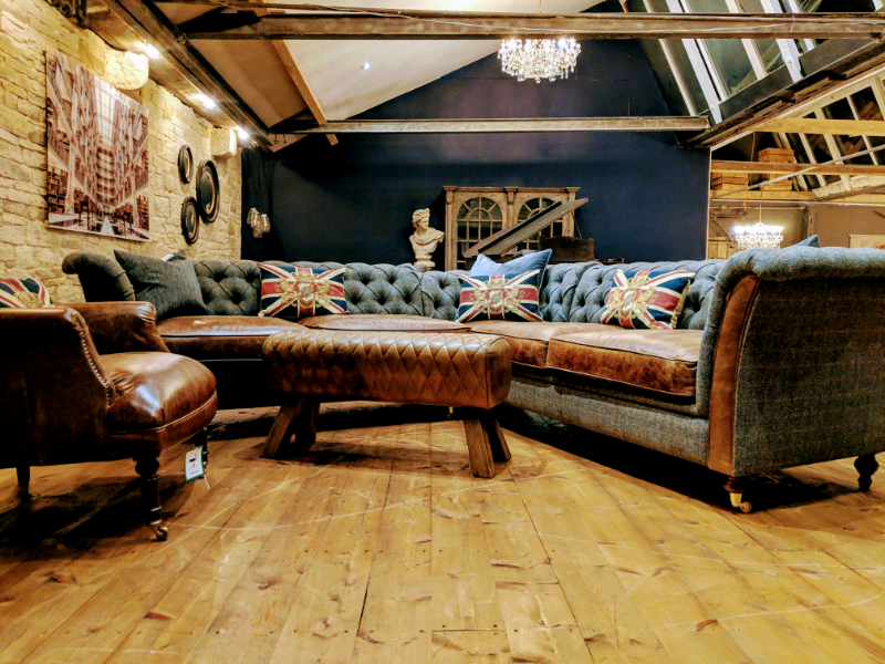 Chesterfield grey Harris Tweed and aniline leather corner suite sofa