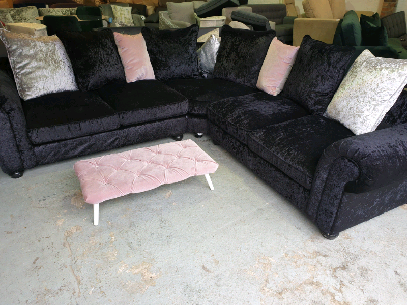 Black Velvet Large Corner Sofa + Chesterfield Table DELIVERY AVAILABL