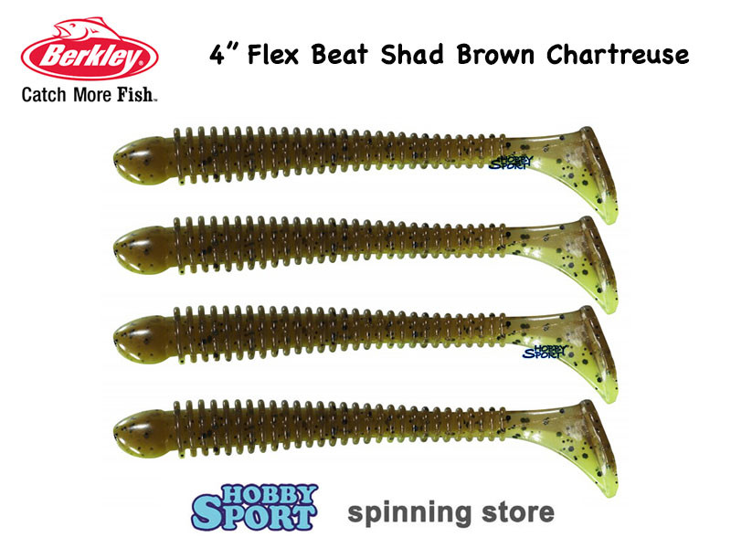 BERKLEY FLEX BEAT SHAD 4" COL.BROWN CHARTREUSE CM 10   SPIGOLA - BASS CONF 4 PZ